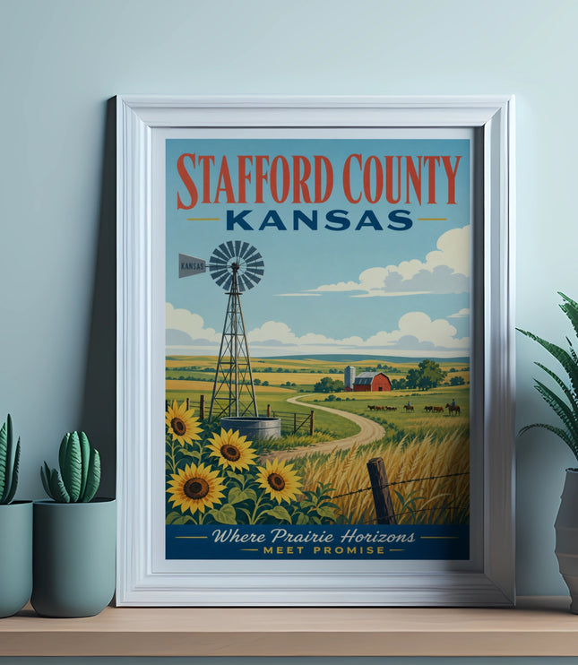 Stafford County Kansas poster with windmill, sunflowers, and farm scene.