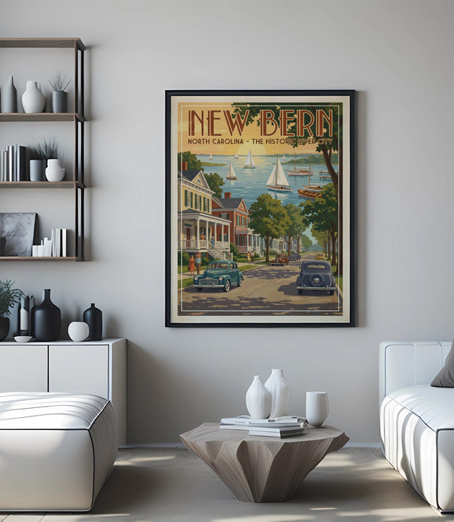 Framed "New Bern North Carolina - The Historic River City" poster featuring vintage cars and sailboats.