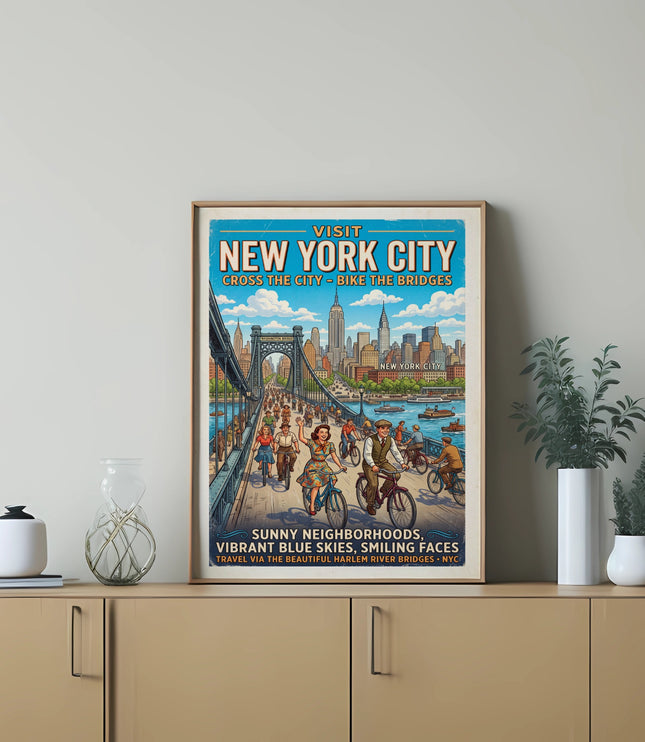 Vintage poster depicting people cycling across a bridge into New York City.