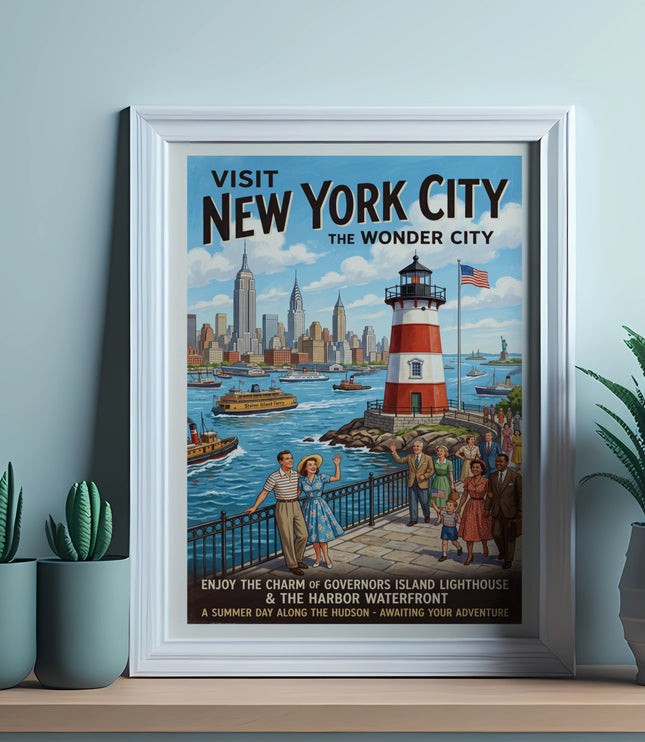 Visit New York City poster with skyline, lighthouse, and people enjoying harbor.