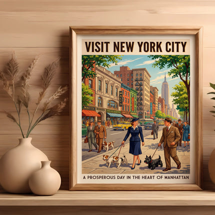 Vintage poster for "Visit New York City" with diverse street scene and text.