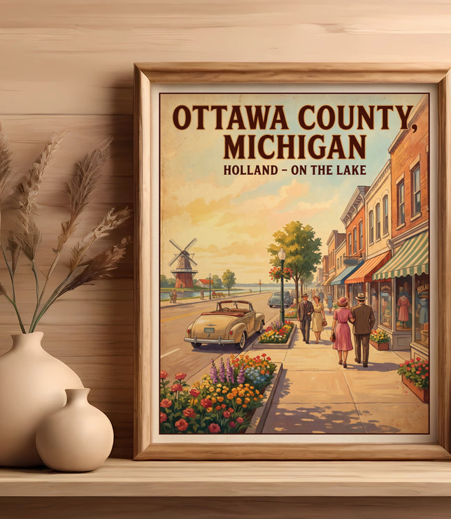 Artwork depicting vintage main street with windmill and convertible.