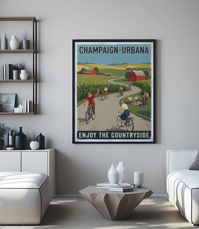 Champaign-Urbana poster showing people cycling through countryside landscapes.