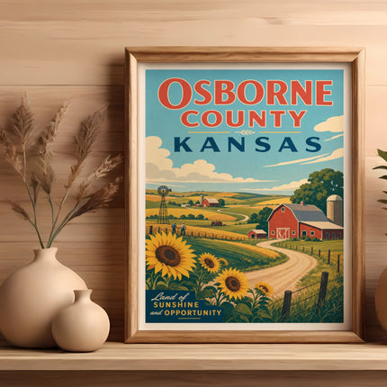 Framed vintage travel poster for Osborne County, Kansas, featuring sunflowers and a red barn.