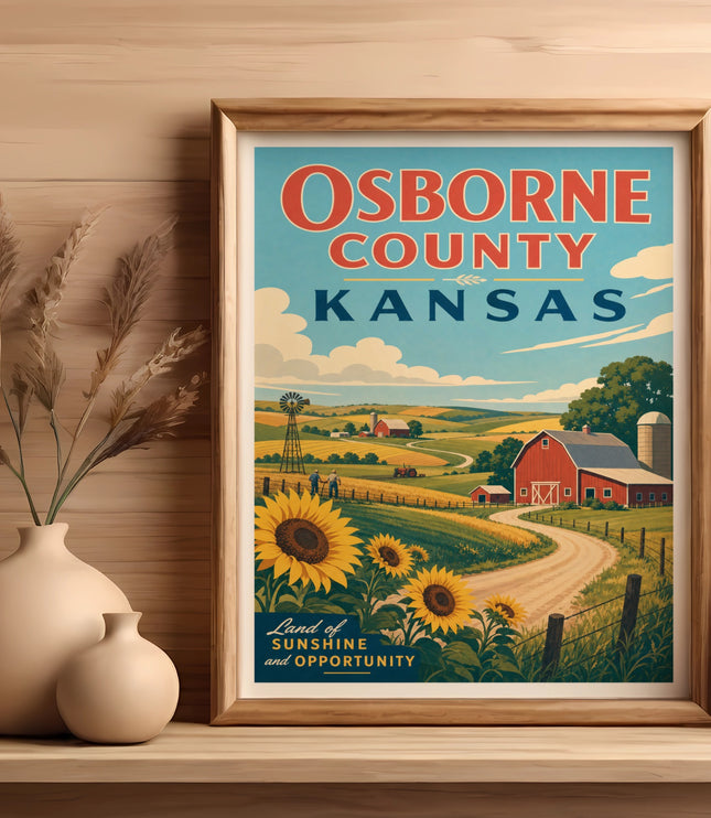 Framed vintage travel poster for Osborne County, Kansas, featuring sunflowers and a red barn.