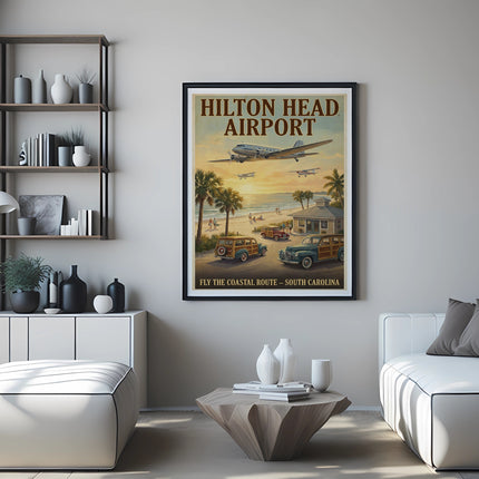 Poster for Hilton Head Airport featuring vintage planes, beach, woody cars, and text.