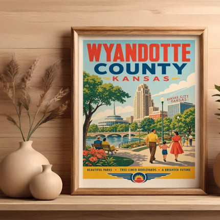 Wyandotte County, Kansas poster with people in park and city skyline.
