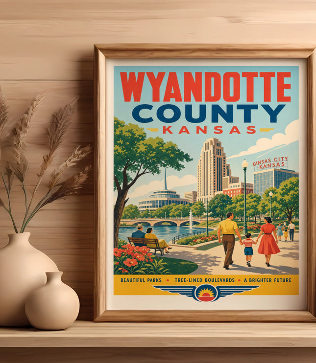 Wyandotte County, Kansas poster with people in park and city skyline.