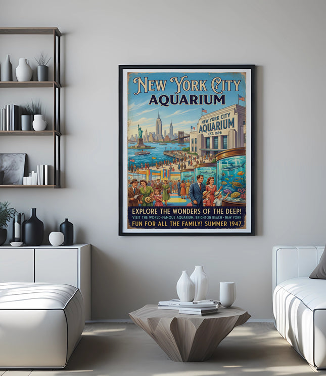 Vintage New York City Aquarium travel poster with city skyline and family at aquarium exhibits.