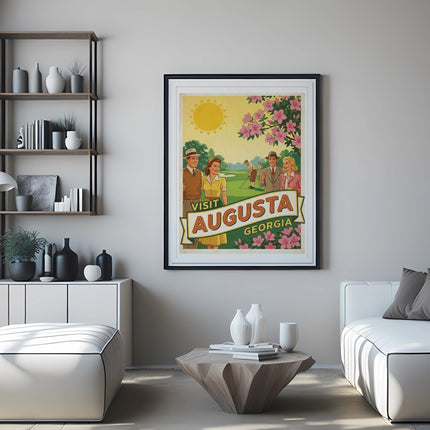 Vintage travel poster for Augusta, Georgia with people and floral accents.