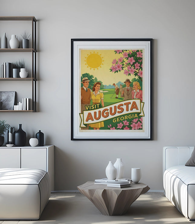 Vintage travel poster for Augusta, Georgia with people and floral accents.