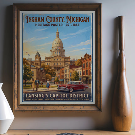 Ingham County, Michigan heritage poster featuring Lansing's Capitol District.