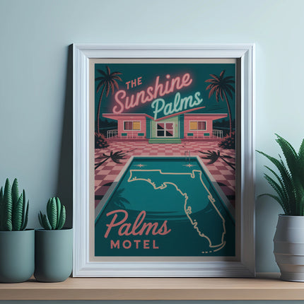 Retro motel sign with a pool shaped like Florida and palm trees.