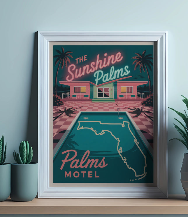 Retro motel sign with a pool shaped like Florida and palm trees.