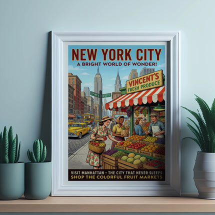 New York City fruit market scene with Vincent's Fresh Produce awning and colorful fruits.