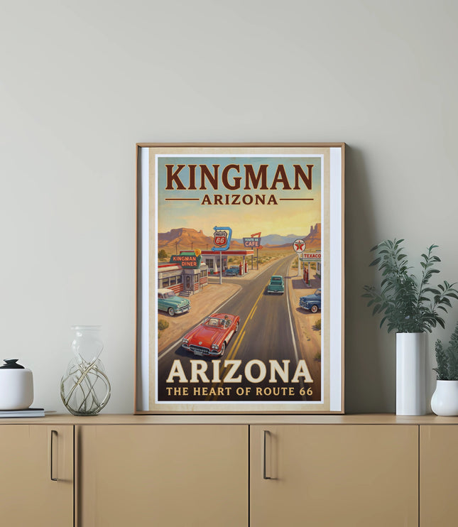 Kingman Arizona Route 66 poster with vintage cars and diner.
