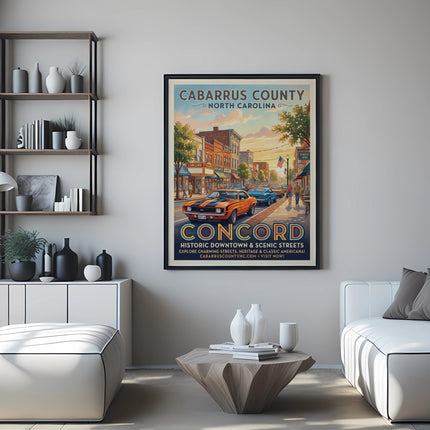 Vintage travel poster for Concord, North Carolina, featuring a street scene and classic cars.
