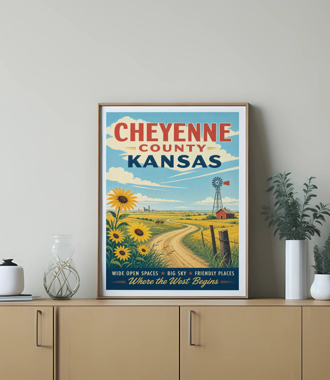 Cheyenne County Kansas vintage travel poster with sunflowers and windmill.