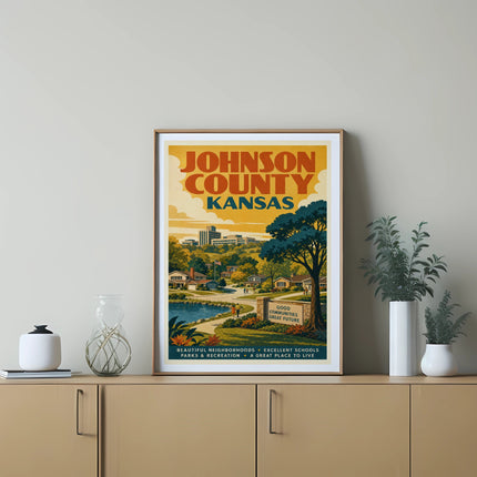 Johnson County, Kansas poster with text about communities, schools, and parks.