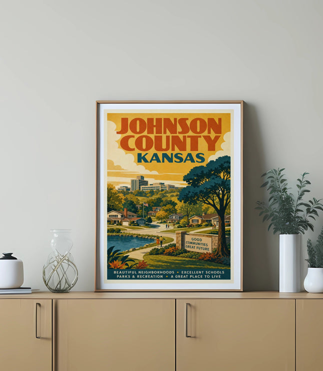Johnson County, Kansas poster with text about communities, schools, and parks.