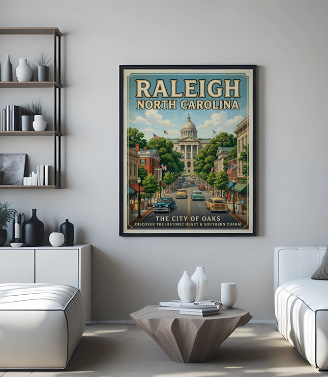 Raleigh North Carolina poster depicting the city and capitol building.