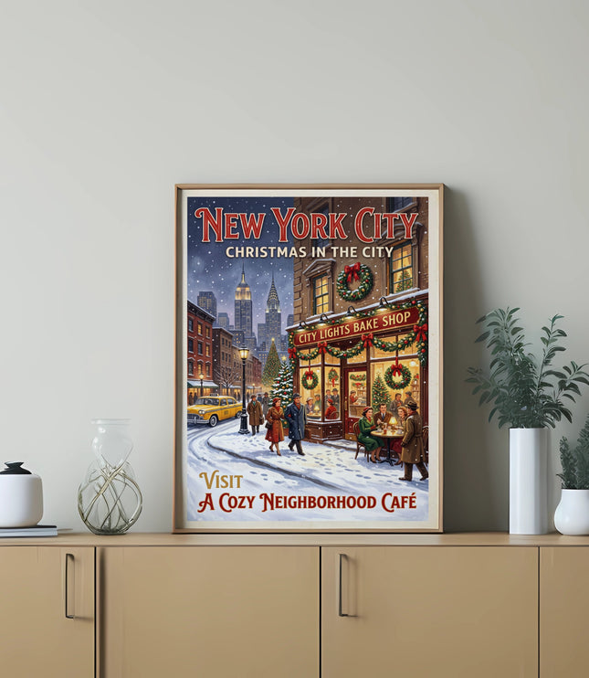 New York City Christmas vintage travel poster with City Lights Bake Shop.