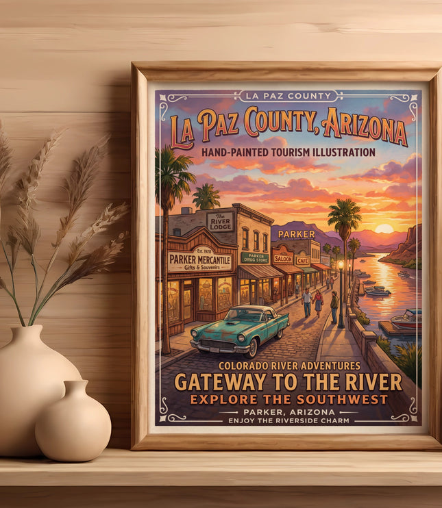 La Paz County, Arizona tourism illustration with a vintage car, river, and sunset.