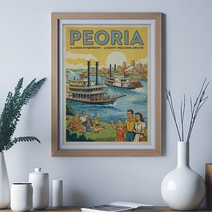 Framed poster of Peoria, Illinois riverfront with steamboats and picnicking family.