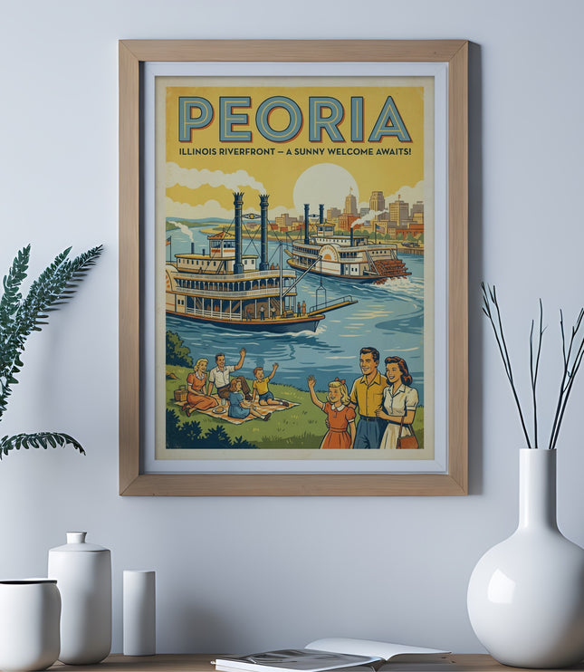 Framed poster of Peoria, Illinois riverfront with steamboats and picnicking family.