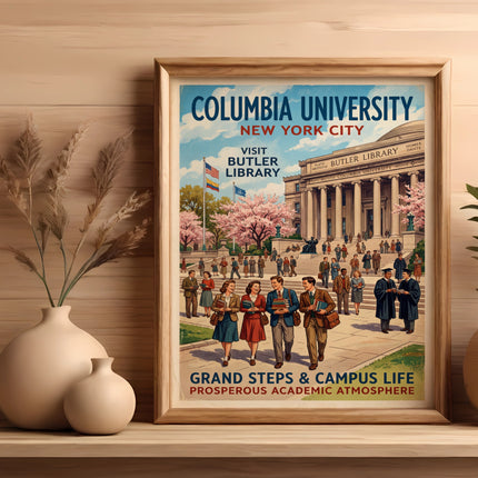 Vintage poster of Columbia University's Butler Library and campus.