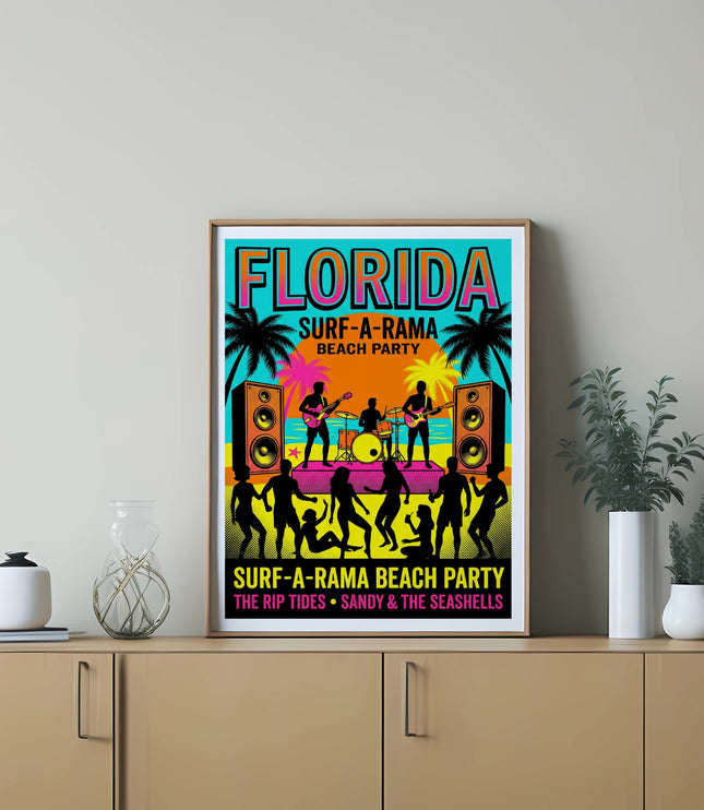 Florida Surf-a-rama Beach Party poster with band and dancing silhouettes.