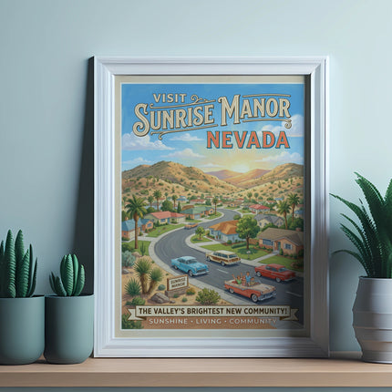 Visit Sunrise Manor Nevada poster with vintage cars and homes.
