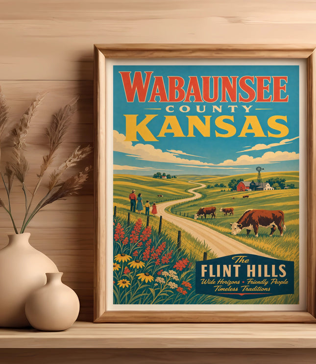 Wabaunsee County, Kansas vintage travel poster showing rolling hills, farms, and text.