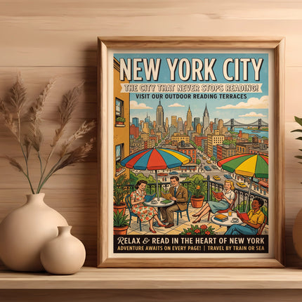 Vintage New York City travel poster depicting people reading outdoors, with city skyline.