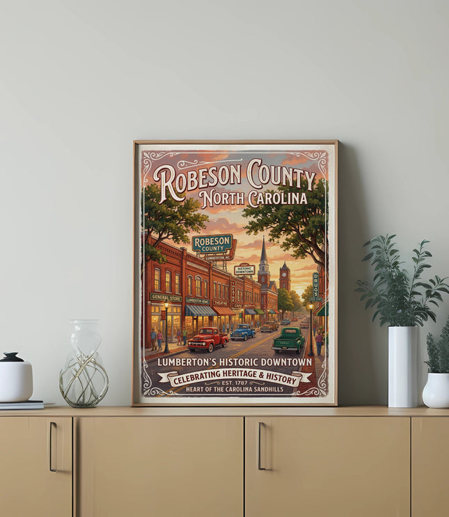 Robeson County, North Carolina vintage downtown illustration with text celebrating heritage and history.