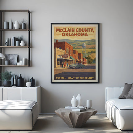 Vintage poster of McClain County, Oklahoma, featuring Purcell and farmland.