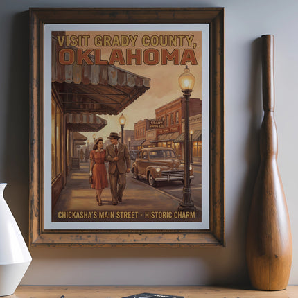 Vintage-style poster of Chickasha's Main Street, Grady County, Oklahoma.