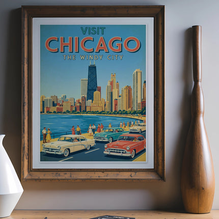Vintage Chicago the Windy City travel poster with cars and skyline.