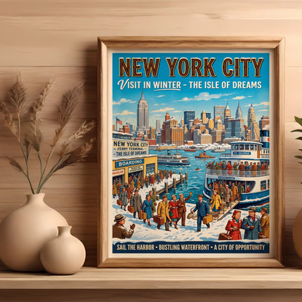 New York City ferry terminal poster with people boarding a boat.
