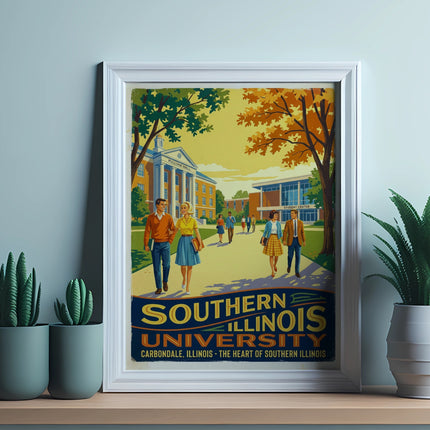 Framed Southern Illinois University poster with Pulliam Hall and Student Center.