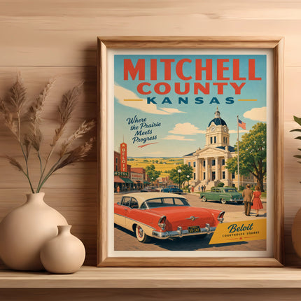 Vintage poster of Mitchell County, Kansas courthouse with classic cars.