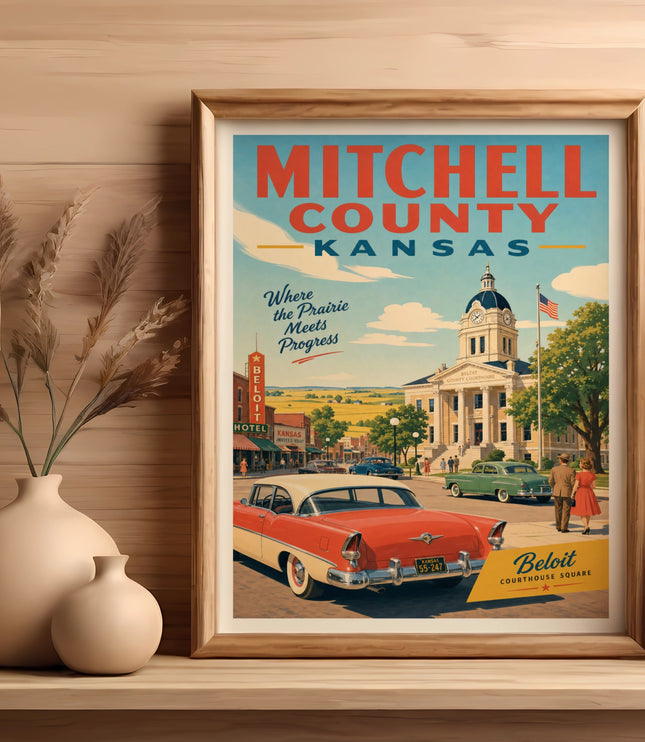 Vintage poster of Mitchell County, Kansas courthouse with classic cars.