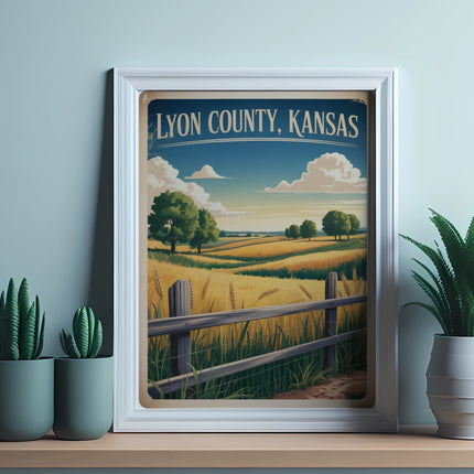 Framed vintage travel poster for Lyon County, Kansas, featuring a wheat field landscape.