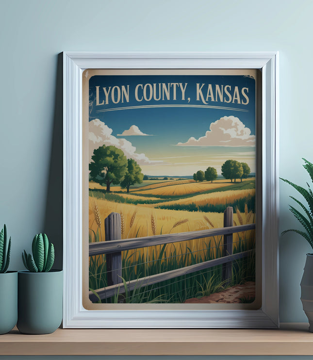 Framed vintage travel poster for Lyon County, Kansas, featuring a wheat field landscape.