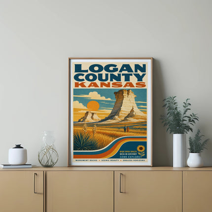 Logan County, Kansas vintage travel poster with Monument Rocks and text.
