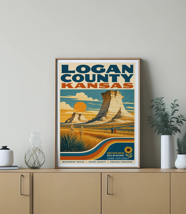 Logan County, Kansas vintage travel poster with Monument Rocks and text.
