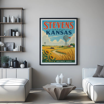 Poster for Stevens County, Kansas, showing a farm scene with a windmill and sunflowers.