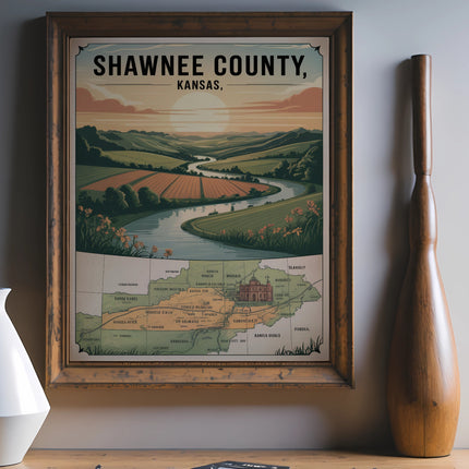 Map of Shawnee County, Kansas, featuring a scenic landscape and town locations.
