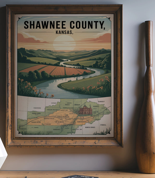 Map of Shawnee County, Kansas, featuring a scenic landscape and town locations.