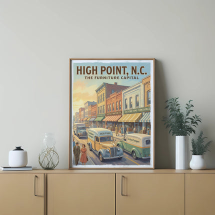 Vintage poster shows "High Point, N.C. The Furniture Capital" with street scene.